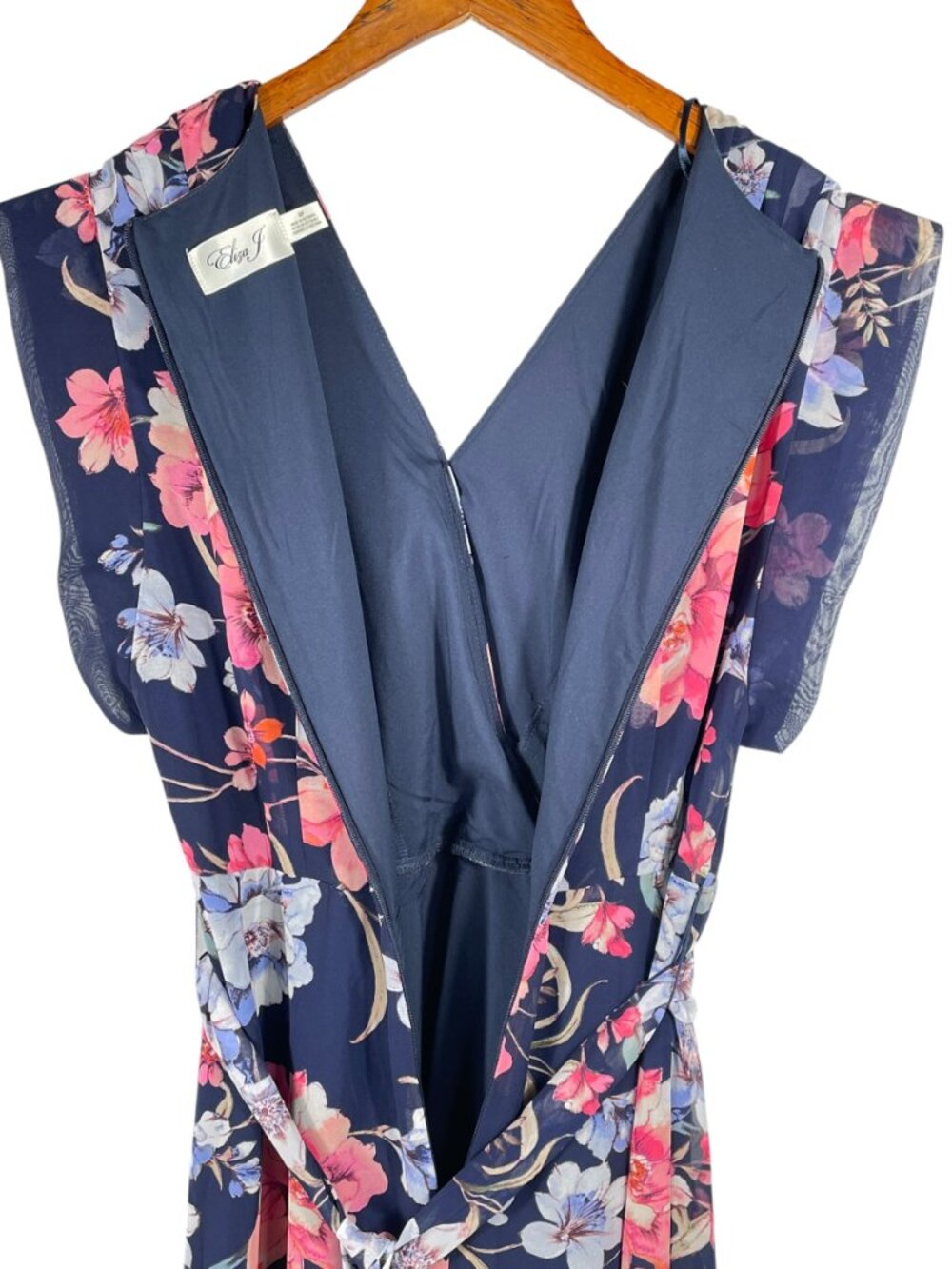 Eliza J Navy Floral Chiffon Wrap Maxi Dress Belted Size 8 Petite - Picture 10 of 15
